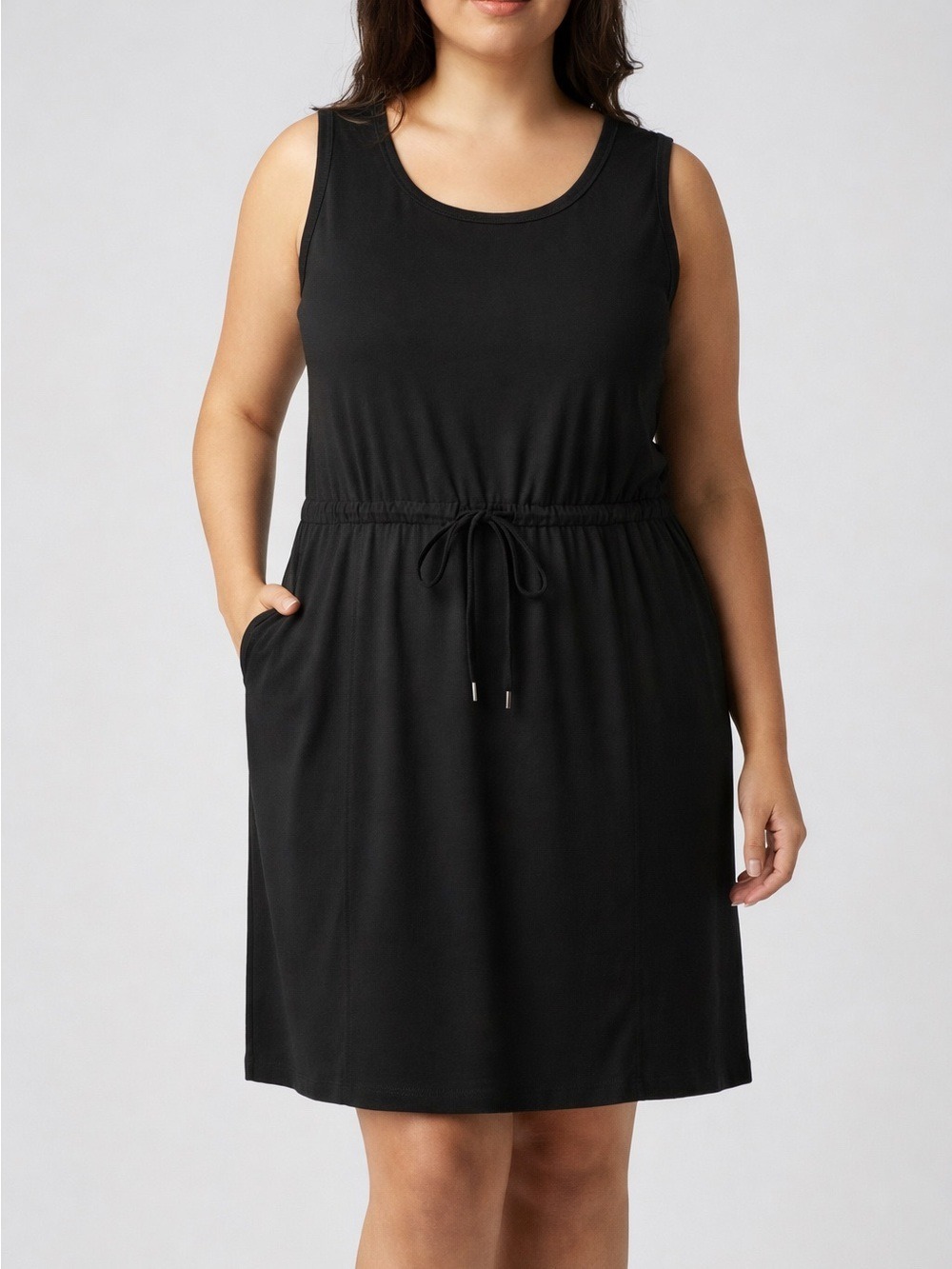 Classic Black Sleeveless Drawstring Waist Dress